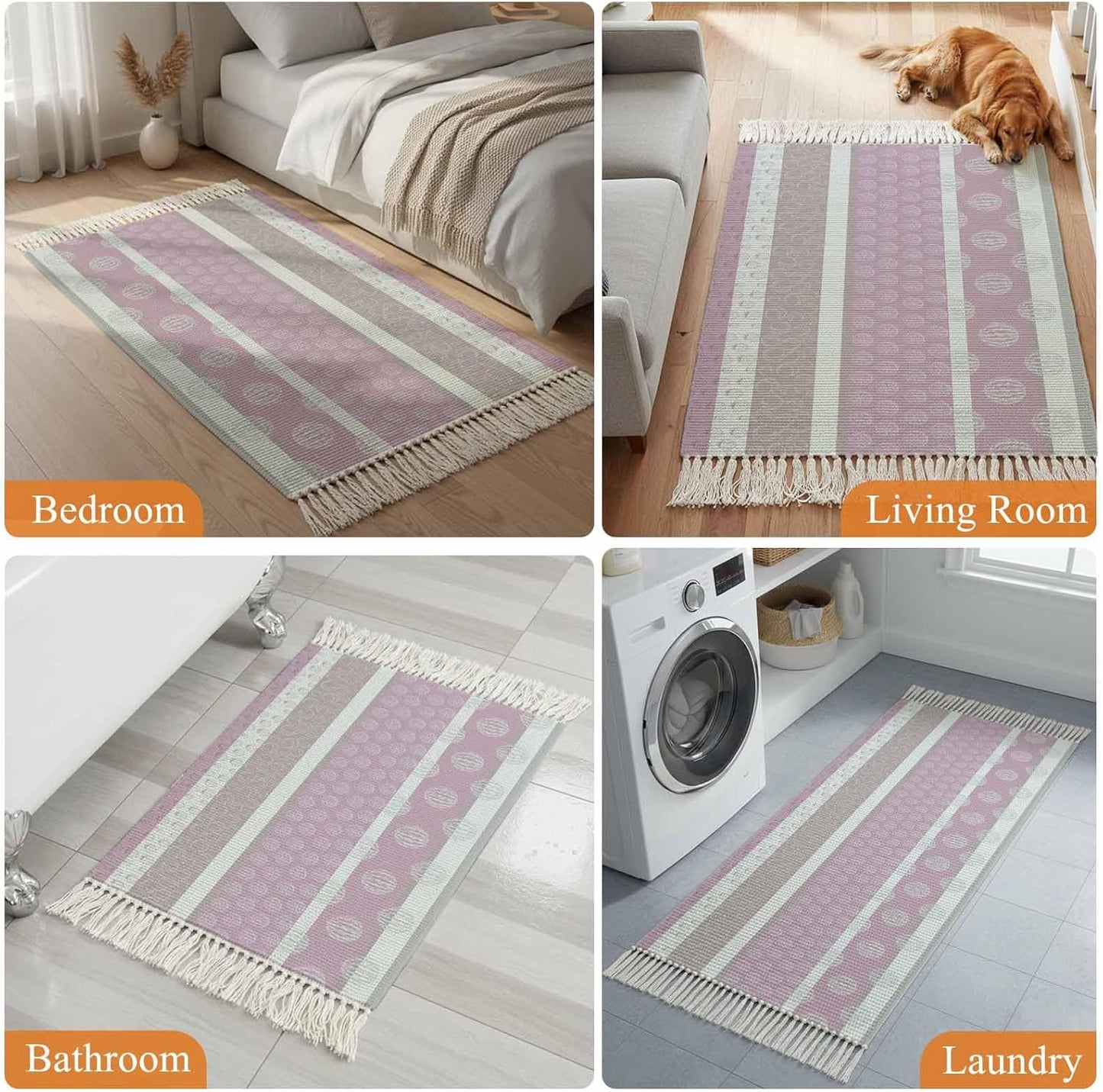 Bedroom Rug 3'x 5', Farm Fruits Washable Floor Carpet with Tassels, Watermelon Lemons Peach Pink Grey Striped Elegant Soft Carpet Floor Mat for Patio, Balcony, Laundry, Room Decor