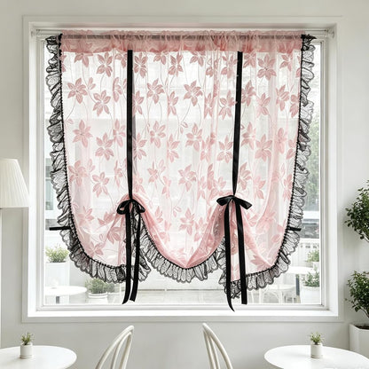 Pink Floral Sheer Tie Up Curtains with Black Ruffled Lace Trim | Adjustable Bowknot Balloon Roman Shades, Vintage Lace Window Valance Rod Pocket for Kitchen Bedroom Arched Bay Window 1 Panel