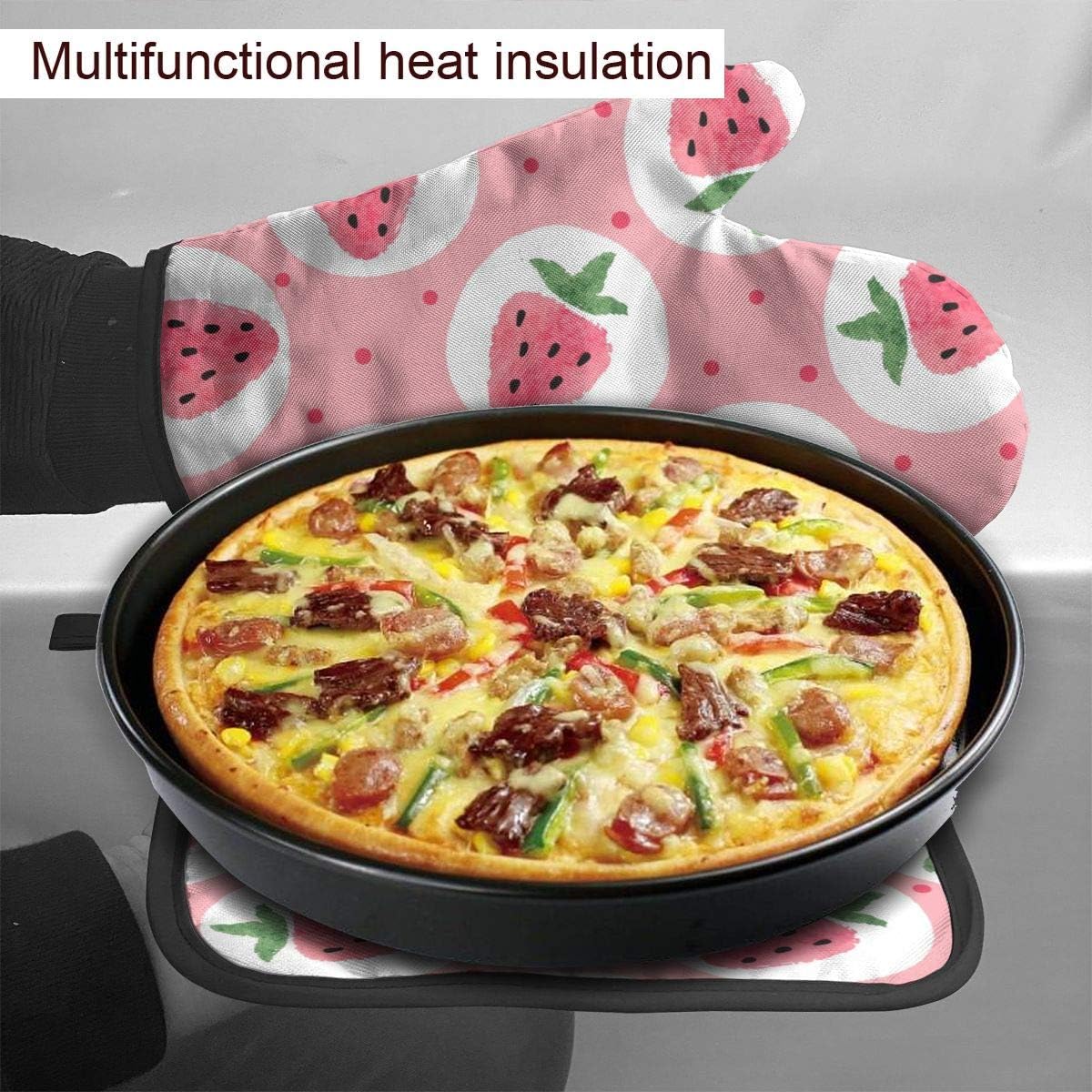 Pink Strawberry Oven Mitts and Pot Holders Sets Heat Resistant Cute Oven Gloves with Non-Slip Surface for Safe BBQ Cooking Baking Grilling Set of 2