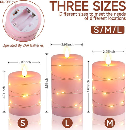 Da by 3 Pack Pink Real Wax Flameless Taper Candles, Lifelike Flickering LED Flame Candles with Surrounding Fairy String Lights, Soft Warm Battery Candles with Remote for Home Wedding Party Decor