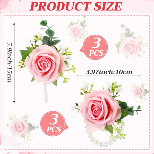 Canlierr 6 Pcs Rose Corsage and Boutonniere Set for Men Women Bride Bridesmaids Rose Wrist Corsages Bracelets Artificial Boutonniere for Wedding Party Suit Flower Accessories(Pink)