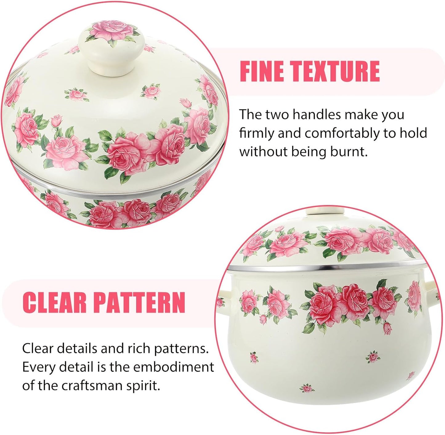 SHINEOFI Enamel Stock Pot Double Handle 20cm Pink Rose Vintage Style Covered Soup Pot for Home Cooking and Stewing