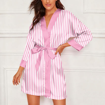 Womens Satin Stripe Robe Cozy Silk Bathrobe for Wedding Party Loungewear Bride Bridesmaids Short Robes Nightgowns
