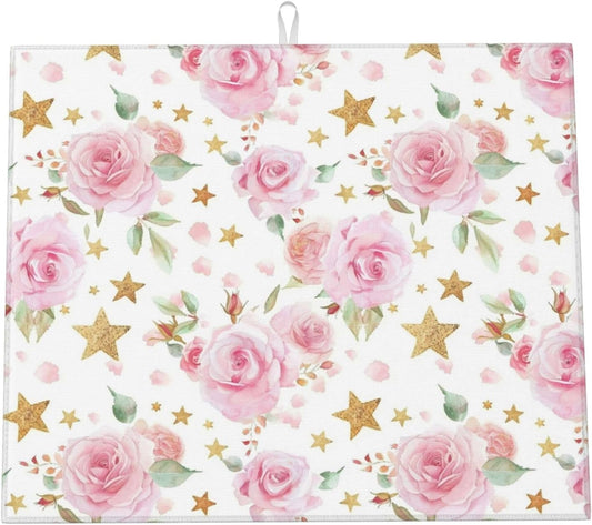 Pink Rose Gold Stars Dish Drying Mat For Kitchen Counter Watercolor Floral Dry Mats Microfiber Dish Drainer Mat Protector Pad Absorbent Fast Drying Kitchen Must-Have 16x18 Inch