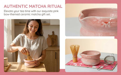 Matcha Whisk Set, 8 Pcs Japanese Ceremony Matcha Tea Powder Making Tools with Pink Bowknot Ceramic Bowl, Bamboo Whisk and Holder, Scoop, Strainer, Ideal for Mat-cha Lovers