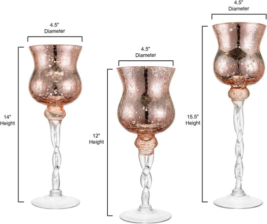 Diamond Star Pink Mercury Crackle Glass Long Stem Tealight Candle Holders Centerpieces for Wedding Table, Set of 3 (12",14",15.5" Tall)