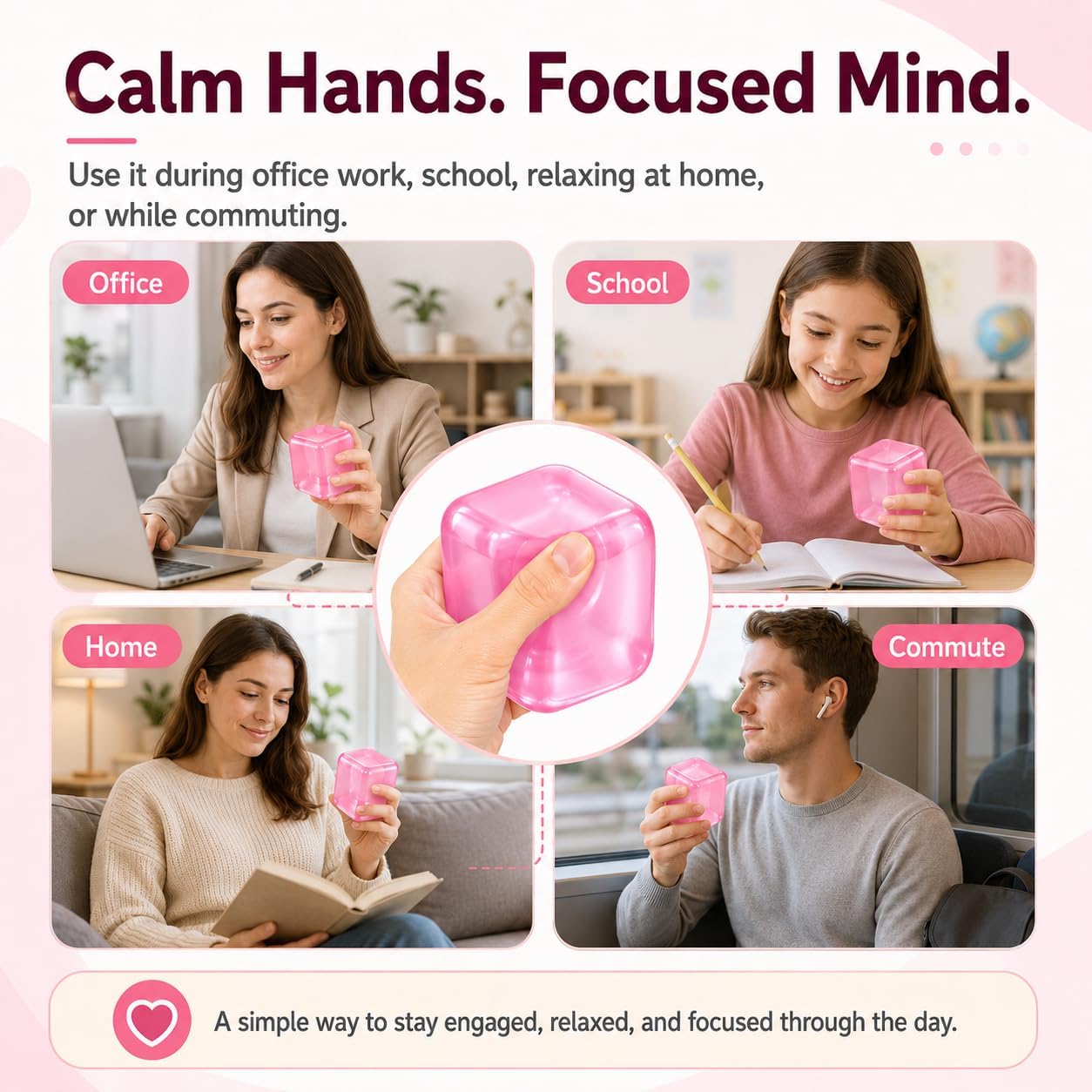 Ice Cube Squishy, Squeeze Stress Cube for Anxiety Relief, Soft Squishy Fidget Toys for Adults, Sensory Gel Ball for Birthday Gift, Desk Accessory（Pink）