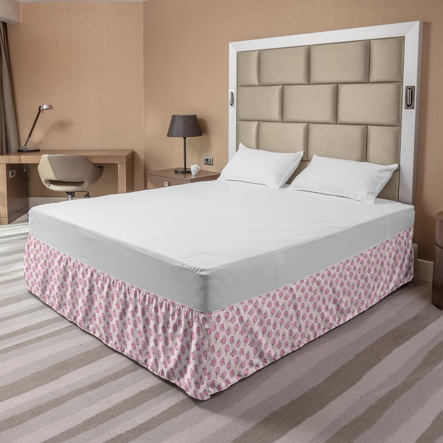 Lunarable Peach Pink Bedskirt, Numerous Repetitive Little Cartoon Illustrated Fruits on Dotted Backdrop, Bedroom Decor Wrap Around Elastic Bed Skirt Gathered Design, Queen, Rose Pale Green
