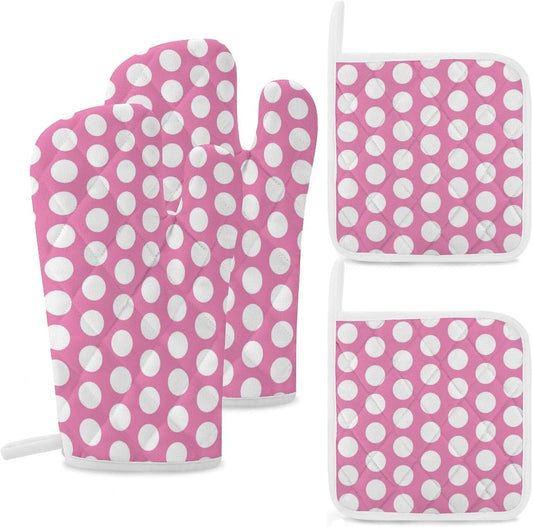 4PCS Oven Mitts and Pot Holders Sets, Light Pink White Polka Dot Oven Mitts Set Heat Resistant Kitchen Microwave Gloves Safe for Baking,Cooking, BBQ