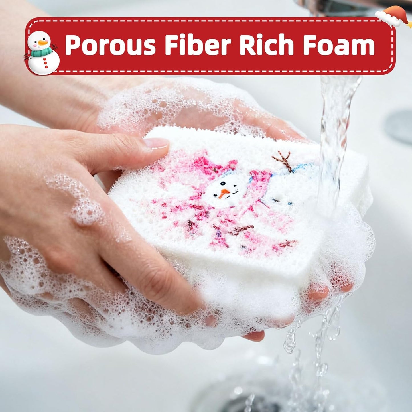 Chengu 12 Pcs Christmas Kitchen Sponges Pink Santa Reindeer Snowman Xmas Tree Water Absorbing Dish Washing Sponge Non Scratch Household Cleaning Scrub Sponges for Holiday Home Kitchen Bathroom