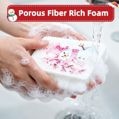 Chengu 12 Pcs Christmas Kitchen Sponges Pink Santa Reindeer Snowman Xmas Tree Water Absorbing Dish Washing Sponge Non Scratch Household Cleaning Scrub Sponges for Holiday Home Kitchen Bathroom