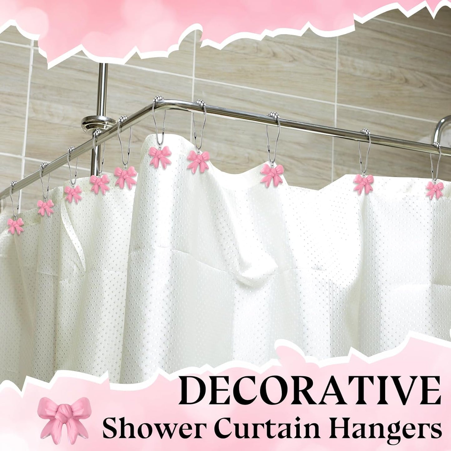 Yaocom 12 Pcs Pink Bow Knot Shower Curtain Hooks Rustproof Metal Decorative Bow Knot Shower Hangers Bulk Cute Glide Curtain Rings for Girl Bathroom Bedroom Living Room Nursery Art Decor (Stylish)