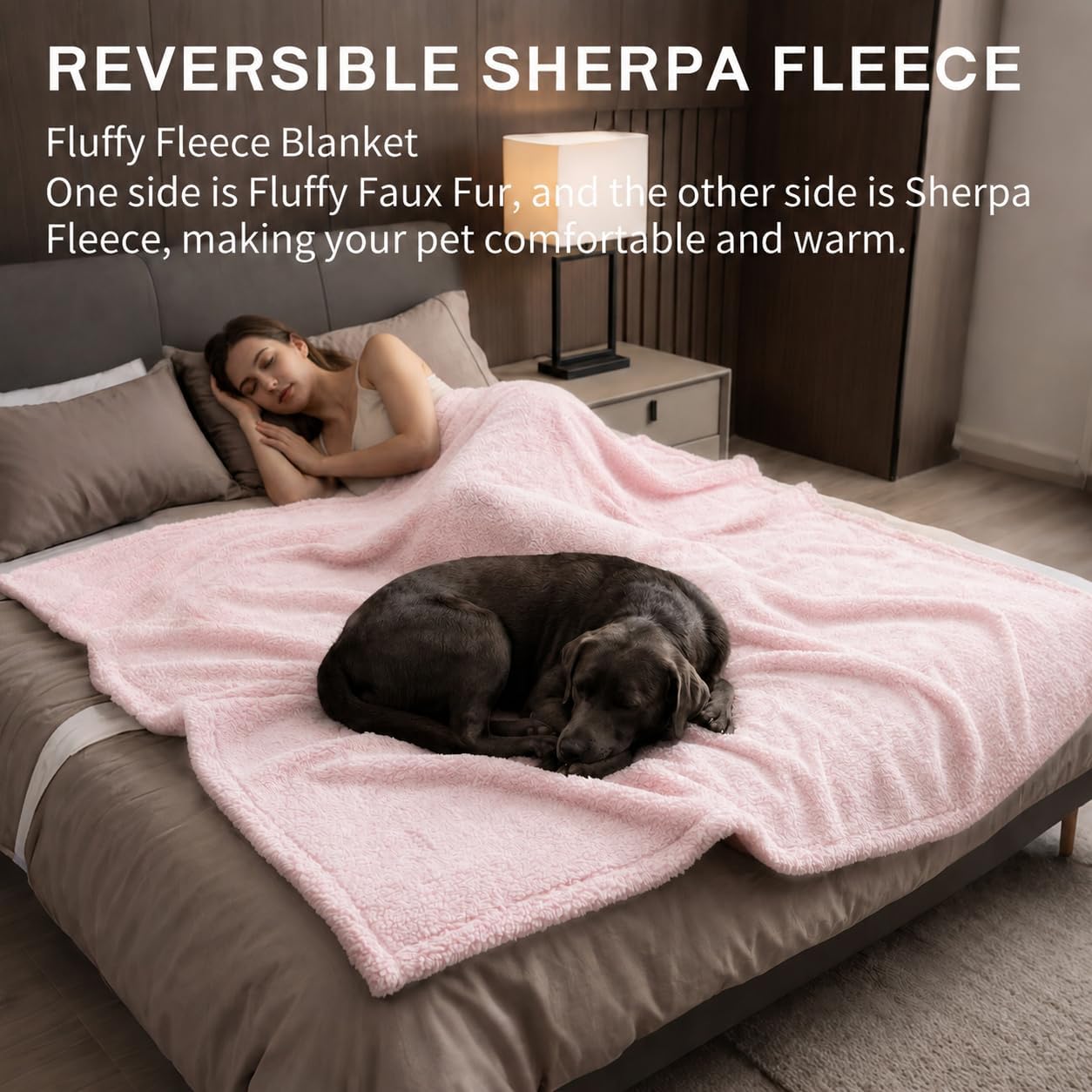 Waterproof Pink Dog Blanket Reversible Sherpa Fluffy Calming Pet Blankets Bed Cover for Puppy Leakproof Sofa Couch Throw Covers Cat-L-57x65in