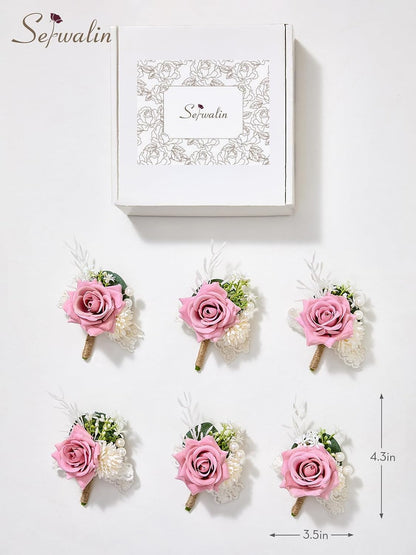 Serwalin 6 Pcs Pink Boutonniere for Men, Groom Groomsmen Best Man Guest Boutonnieres，Artificial Flowers Silk Rose for Wedding Prom Ceremony Anniversary Party Homecoming