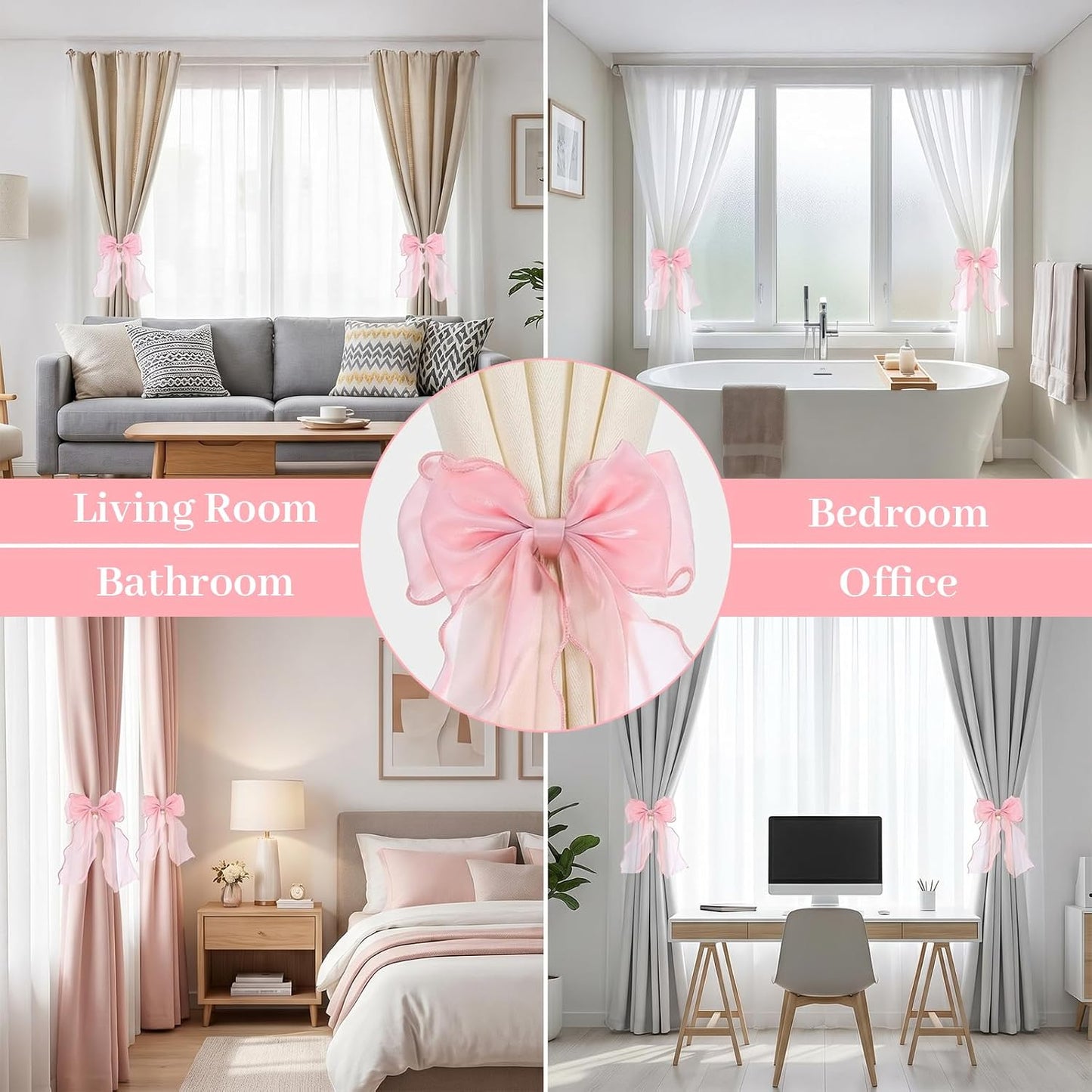 Ouligay 2 PCS Pink Curtains Tiebacks Bow Tie Backs for Curtains French Lace Ribbon Curtain Tiebacks Elegant Curtain Ties for Drapes for Home Office Bedroom Living Room Wedding Party Decoration