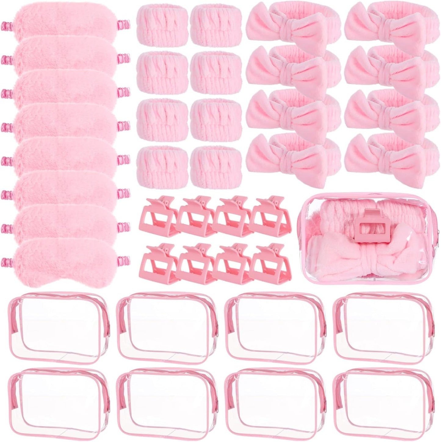 8 Sets Sleepover Party Supplies, Pink Spa Party Favors Including Headbands, Eyemasks, Wristbands, Claw Clips, and Cosmetic Bags, Slumber Party Accessories