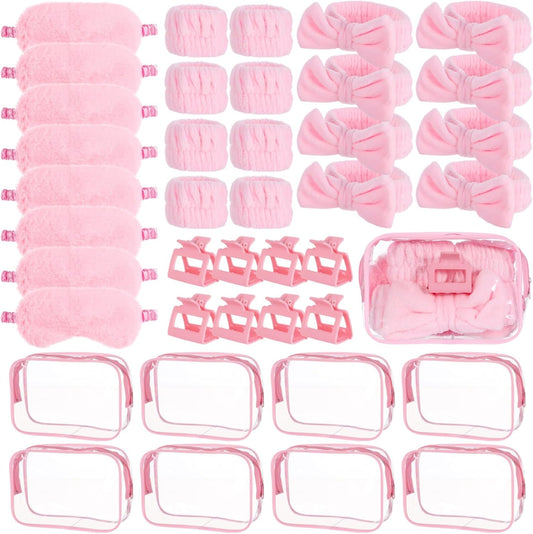 8 Sets Sleepover Party Supplies, Pink Spa Party Favors Including Headbands, Eyemasks, Wristbands, Claw Clips, and Cosmetic Bags, Slumber Party Accessories