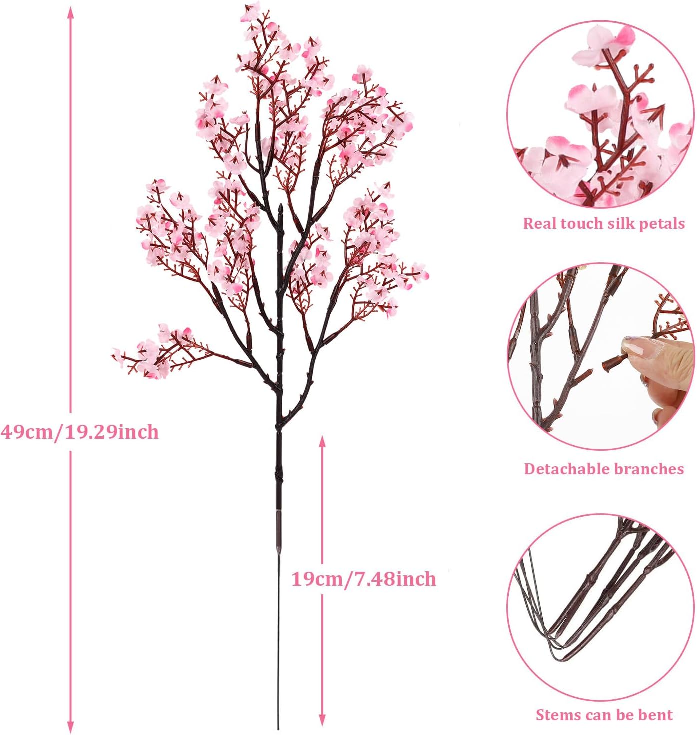 Babys Breath Artificial Flowers, 8 Bundles Cherry Blossom Pink Real Touch Fake Silk Flowers Bulk for Vase Home Office Wedding Spring Indoor Outdoor Centerpiece Table Mother's Day Decorations