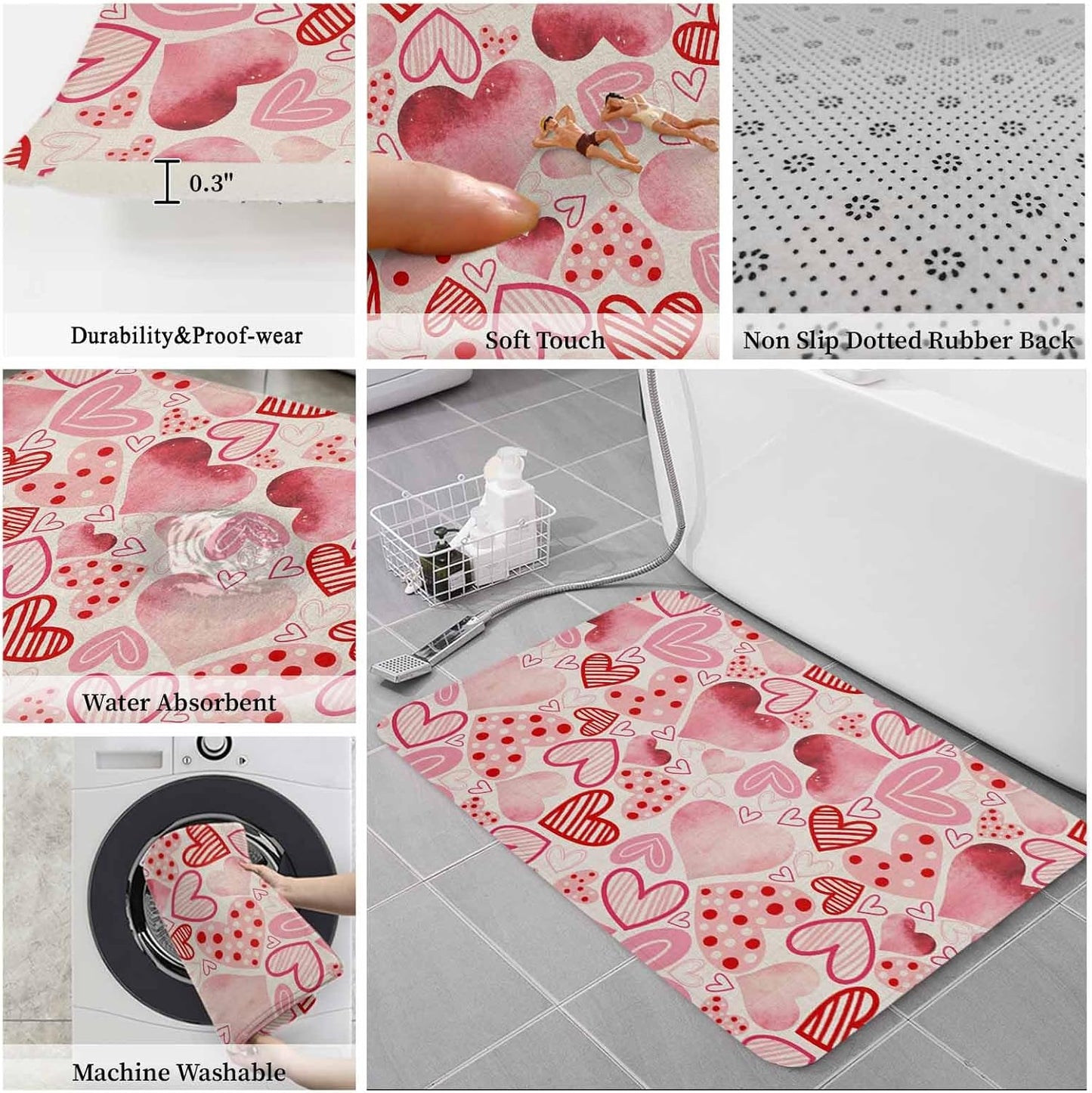 Valentine's Day Bathroom Rug Sets 3 Piece, Non Slip Bath Mat, Romantic Light Pink Loves Polka Dot Absorbent Floor Mats Bath Rugs with U-Shaped Contour Rug Toilet Lid Cover Bathroom Decor Large