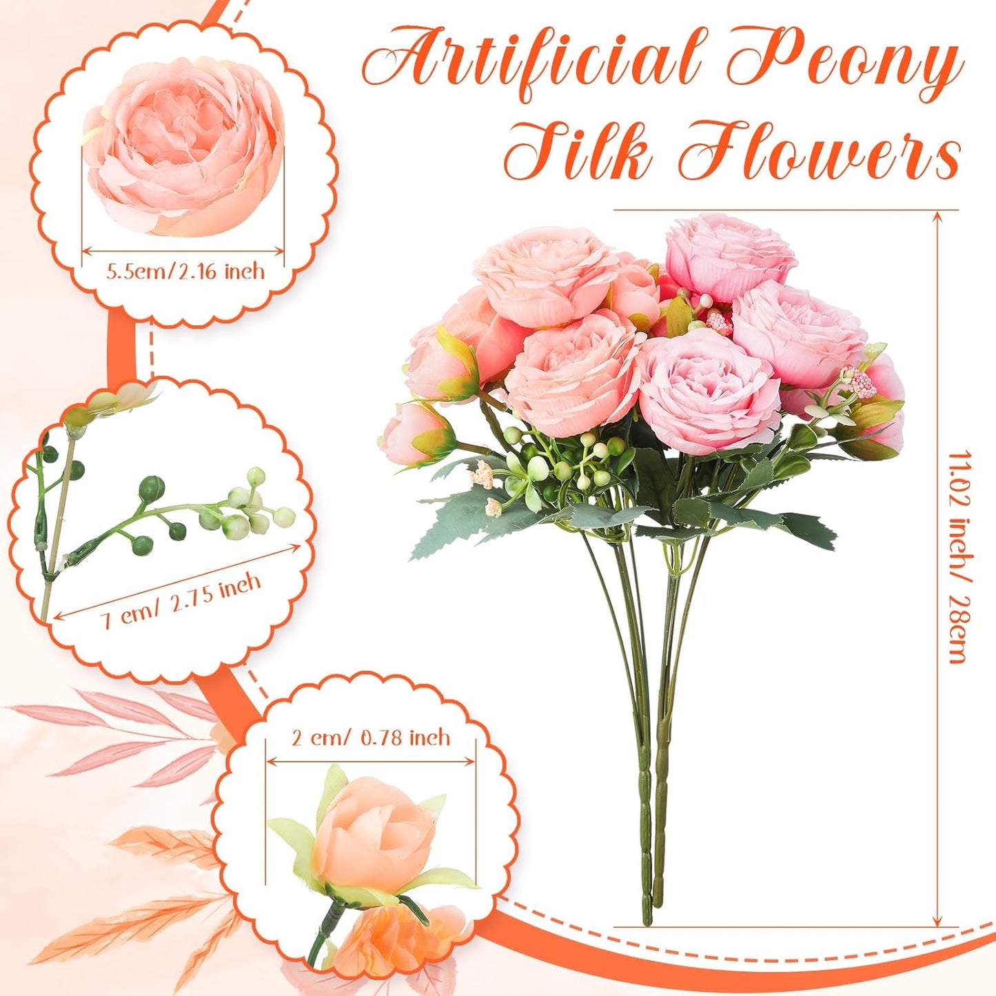 Geosar 8 Bundles Artificial Peonies Flowers Fake Silk Peony Bouquet Faux Peonies Flowers Bulk for Decoration Vase Floral Arrangements Wedding Party Table (Peach Pink,Light Pink)