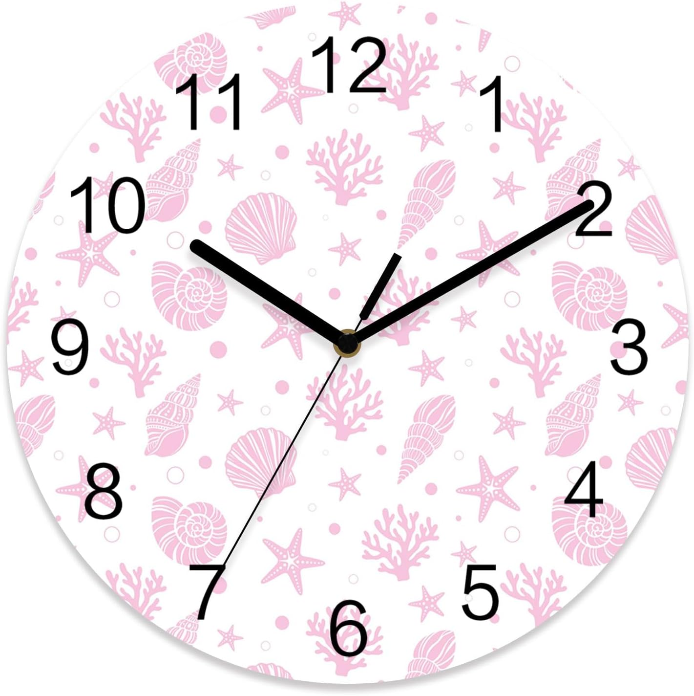 Marine Life Wall Clock Battery Operated Non-Ticking 10" Round Wood Clocks, Pink Ocean Coral Shell Starfish Kitchen Wall Clock for School Bathroom Living Room Home Office Wall Decor