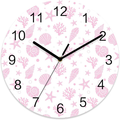 Marine Life Wall Clock Battery Operated Non-Ticking 10" Round Wood Clocks, Pink Ocean Coral Shell Starfish Kitchen Wall Clock for School Bathroom Living Room Home Office Wall Decor