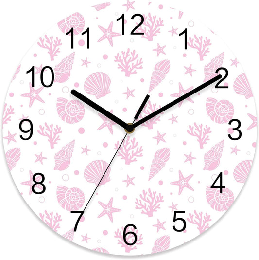 Marine Life Wall Clock Battery Operated Non-Ticking 10" Round Wood Clocks, Pink Ocean Coral Shell Starfish Kitchen Wall Clock for School Bathroom Living Room Home Office Wall Decor