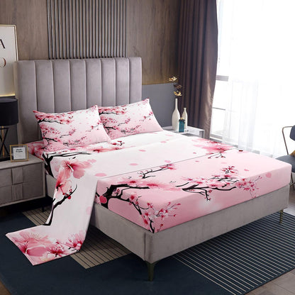 Homewish Cherry Bloosom Bedsheets Queen Size 4 Pcs,Pink Petal Spring Flowers Bedding Set for Girls Women Adults,Dreamy Wild Peach Blossom Sheet Set with Flat,Fitted Sheet,2 Pillowcases