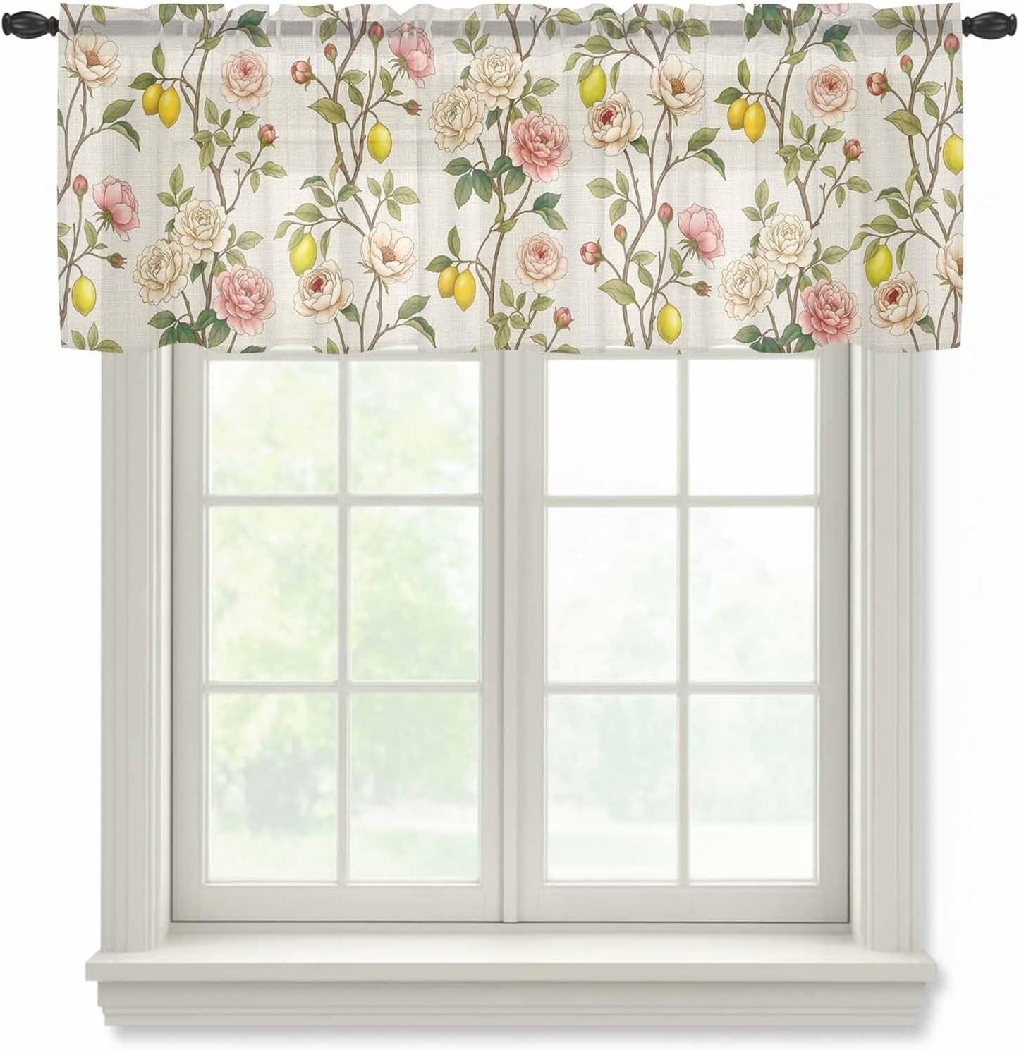 Spring Floral Sheer Curtains Valances for Windows Summer Lemons Farmhouse Art Rustic Chiffon Kitchen Valances for Cafe, Rod Pocket Voile Window Treatments Curtains for Living Room Bedroom, 54"x18"