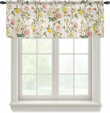 Spring Floral Sheer Curtains Valances for Windows Summer Lemons Farmhouse Art Rustic Chiffon Kitchen Valances for Cafe, Rod Pocket Voile Window Treatments Curtains for Living Room Bedroom, 54"x18"