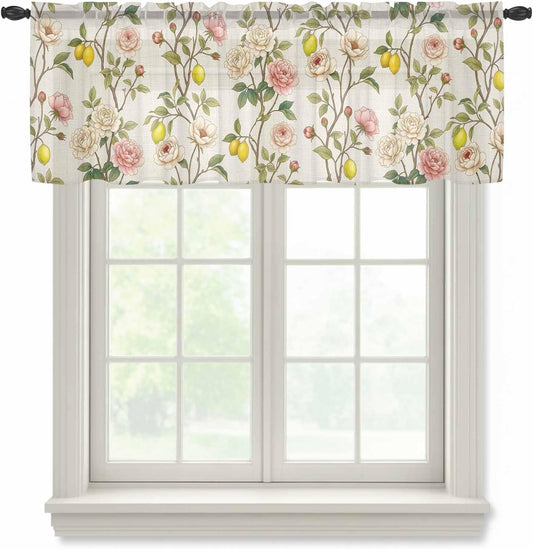 Spring Floral Sheer Curtains Valances for Windows Summer Lemons Farmhouse Art Rustic Chiffon Kitchen Valances for Cafe, Rod Pocket Voile Window Treatments Curtains for Living Room Bedroom, 54"x18"