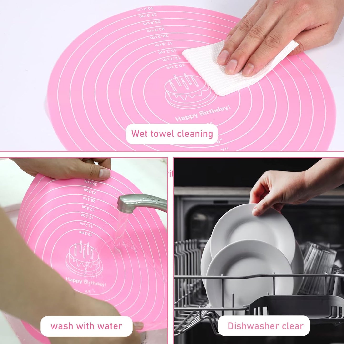 2Pcs 12" Silicone Cake Mat Pink Round Baking Mat Non Slip Cakes Turntable Mats with Measurements Reusable Turntable Pastry Mats for Rolling Out Dough Cake Pizza and Cookies