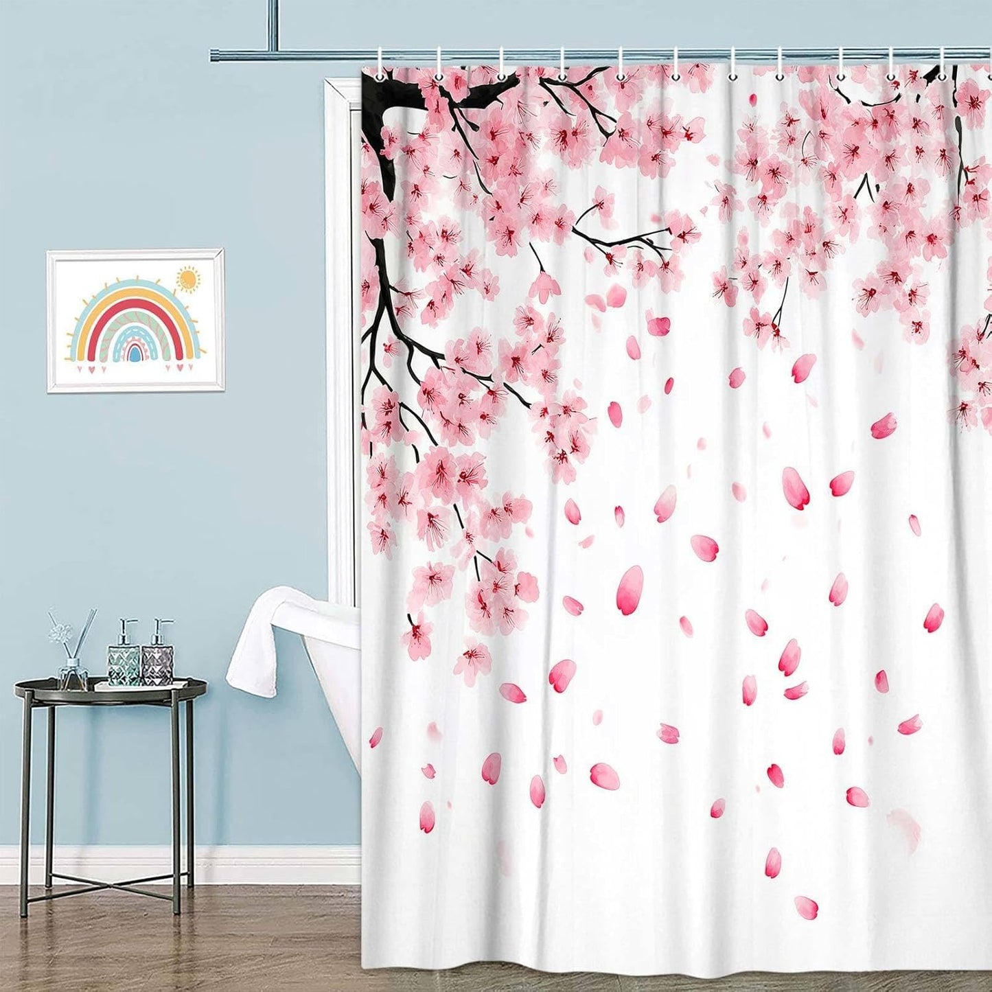 Pink Cherry Blossom Shower Curtain, Floral Blooming Plum Asian Floral Japanese Sakura Shower Curtain for Bathroom Decor, Waterproof Polyester Fabric Bath Curtain with 12 Hooks, 60x70