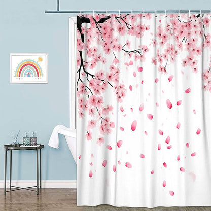 Pink Cherry Blossom Shower Curtain, Floral Blooming Plum Asian Floral Japanese Sakura Shower Curtain for Bathroom Decor, Waterproof Polyester Fabric Bath Curtain with 12 Hooks, 60x70