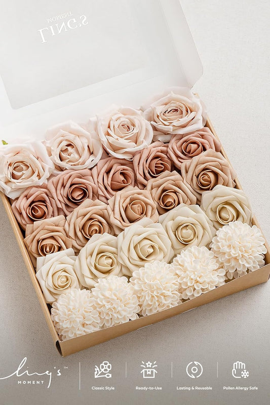 Ling's moment Artificial Flowers Fake Silk Roses Faux Foam Dahlia Combo for DIY Wedding Bouquets Centerpieces Arrangements Bridal Shower Party Home Decorations, Morandi Peach & Cream, 24pcs