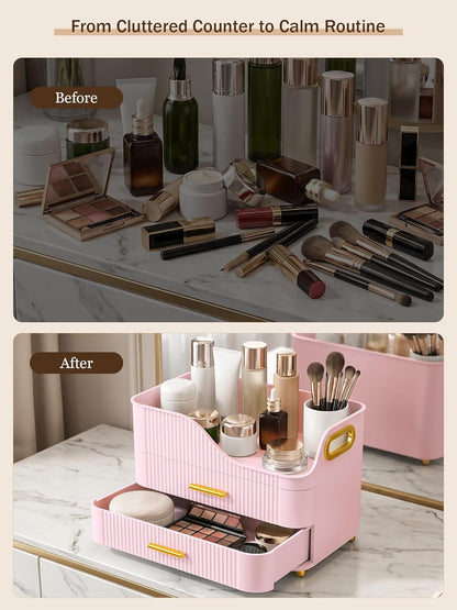 Booklov Countertop Makeup Organizer with Drawers, 3 Tier Large Cosmetic Storage Caddy for Vanity, Bathroom Counter, Dresser, Skincare Display Case for Lipsticks, Beauty Palettes, Teen Girl Gifts, Pink