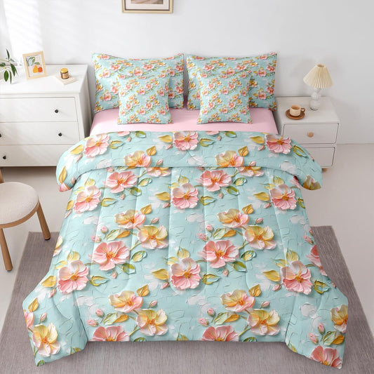 Pink Flower Comforter Set 7 Piece Bed in a Bag Twin, Spring Peach Blossom Water Color Bedding Sets Green Leaves Plant Comforter and Sheet Set, Garden Botanical Daisy Bed Set, Cute Room Decor Aesthetic
