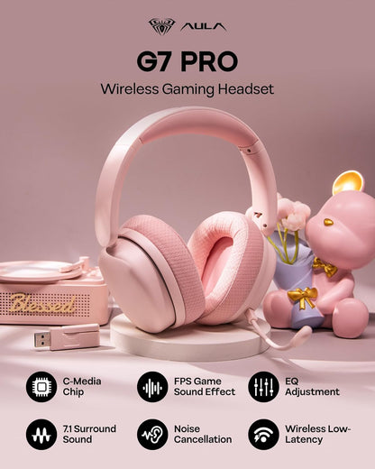 EPOMAKER X Aula G7 Pro Wireless Gaming Headset, Dual Mode BT5.3 & 2.4GHz, 7.1 Surround Sound, 80+ Hour Battery, RGB Light, with Noise Canceling Mic for PS5, PS4, Switch, PC (Pink)