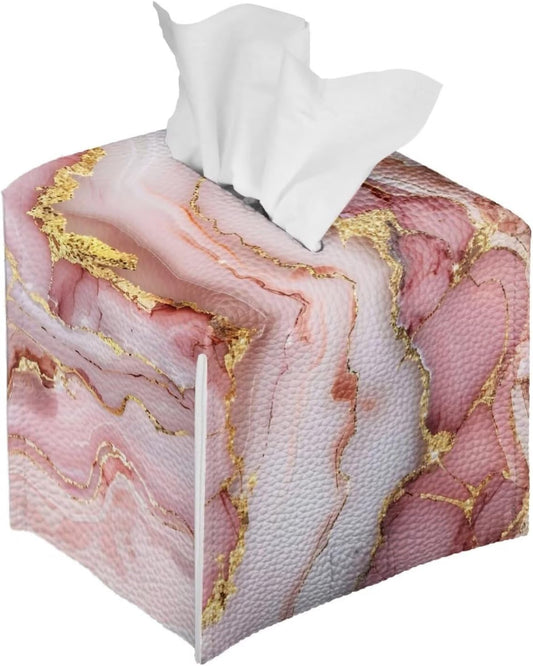 Pink Marble Aesthetic Sqaure Tissue Box Cover Modern Decorative Tissue Box Case Organizer Holder with Storage Foldable Pretty Decorative Office Accessory Tissue Box Organizer for Home