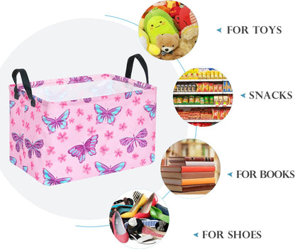 Pink Butterfly Storage Basket Gift Laundry Bins Collapsible Storage Baskets Box Laundry Nursery Hamper for Home and Office Decoration with Handles