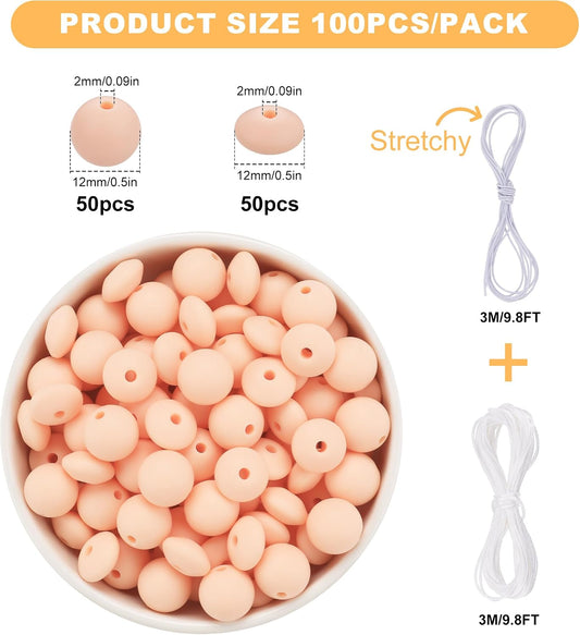 100Pcs Silicone Beads, 12mm Silicone Beads for Keychain Making, Pens Necklace Bracelet DIY Crafts (Peach)