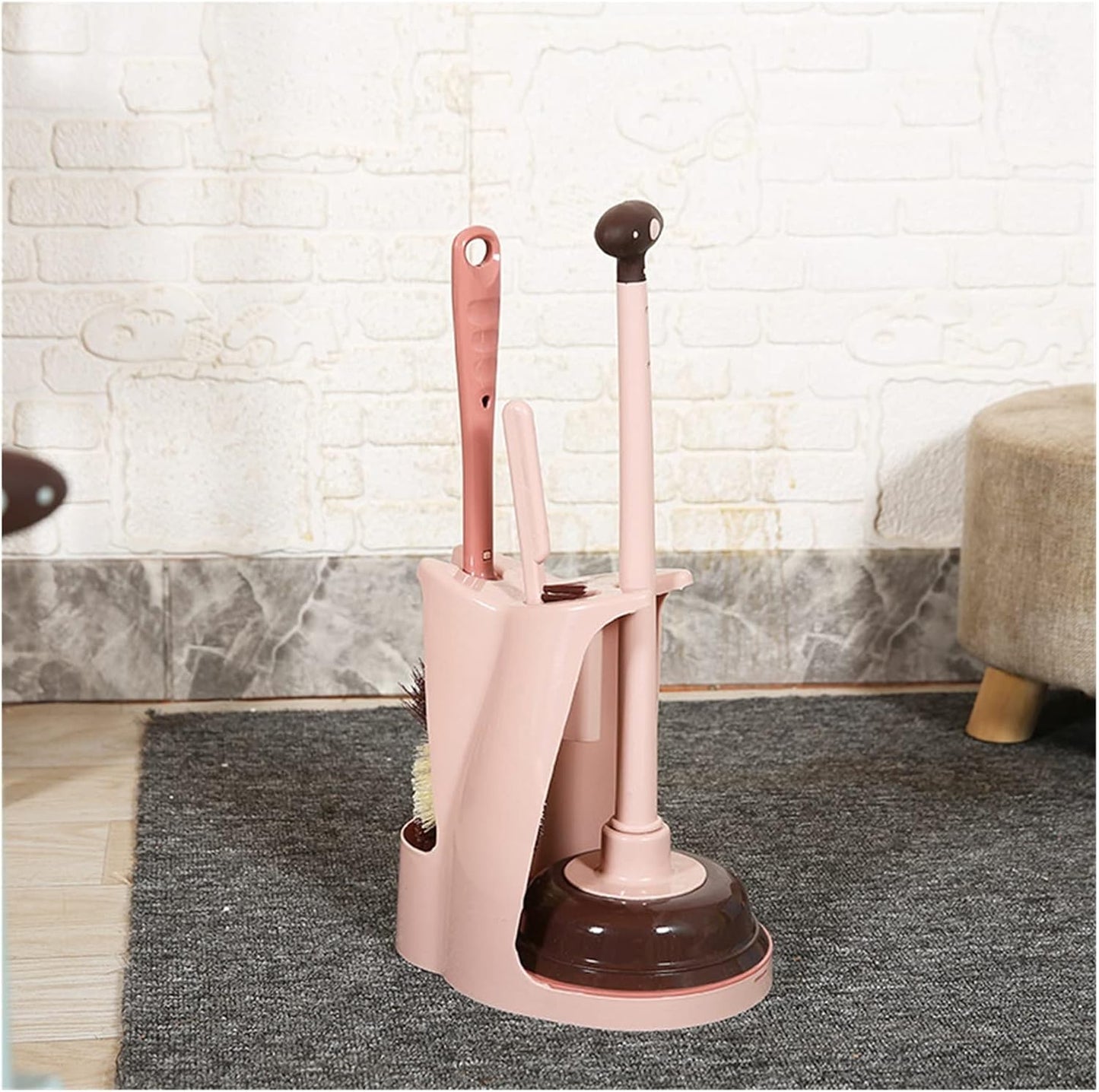 3 in 1 Toilet Brush and Plunger Set Toilet Plunger and Bowl Brush Combination for Bathroom Cleaning (Color : Pink)