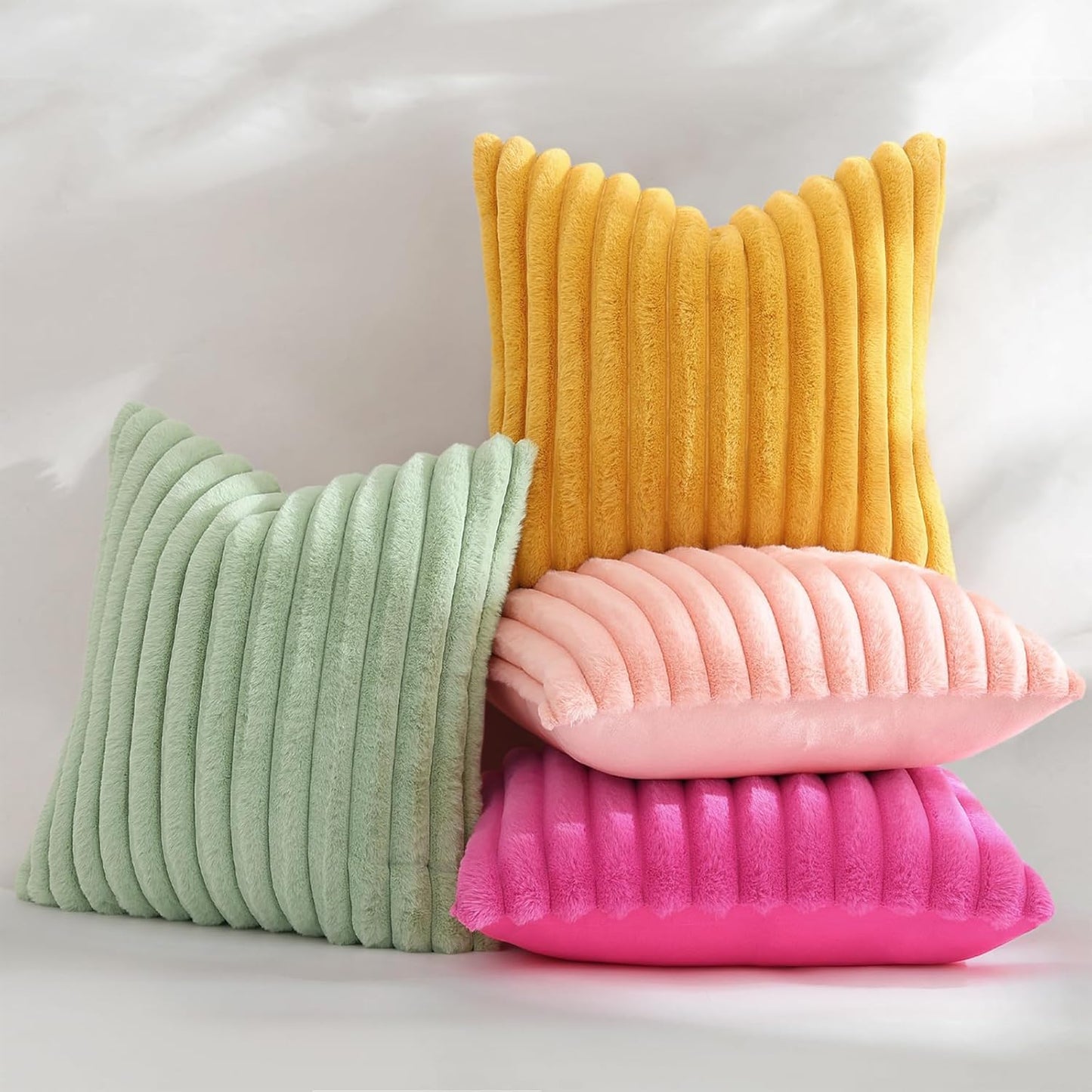 decorUhome Summer Cozy Faux Fur Throw Pillow Covers 18x18 Set of 2 Decorative Plush Striped Modern Farmhouse Boho Couch Pillow Cases with Velvet Back for Sofa Bed Living Room, Blush Pink