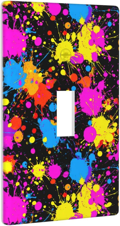 Neon Abstract Pink Blue Yellow Paint Splatter Light Switch Cover Decorative Single Toggle 1 Gang Wall Plate For Kitchen Farmhouse Bedroom Bathroom Art Decor