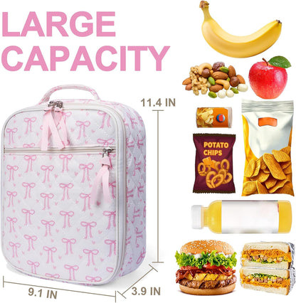 Cotton Quilted Lunch Box for Women, Cute Insulated Lunch Bag, Pink Bow Lunch Tote Bag for Work Picnic Travel Office(pink bow heart, M)