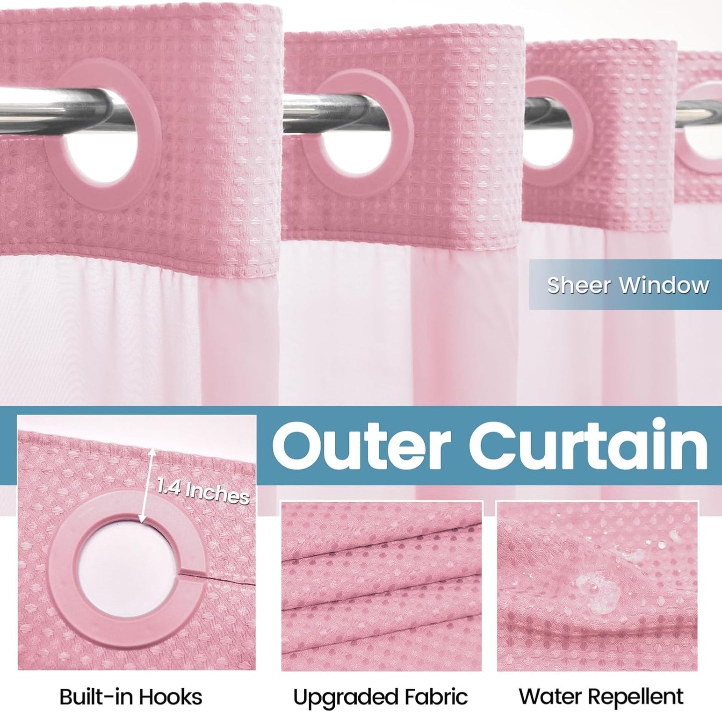 EUTXL Pink Shower Curtain with Liner - 230GSM Waffle Textured Heavy Duty Shower Curtains for Bathroom,71W x 74H