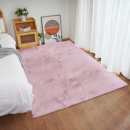 Ghouse Ultra Soft Faux Rabbit Fur Rug 5x8, Machine Washable Area Rugs for Bedroom Fluffy Rugs for Living Room, No-Shedding Carpet Sheepskin Rug Pink