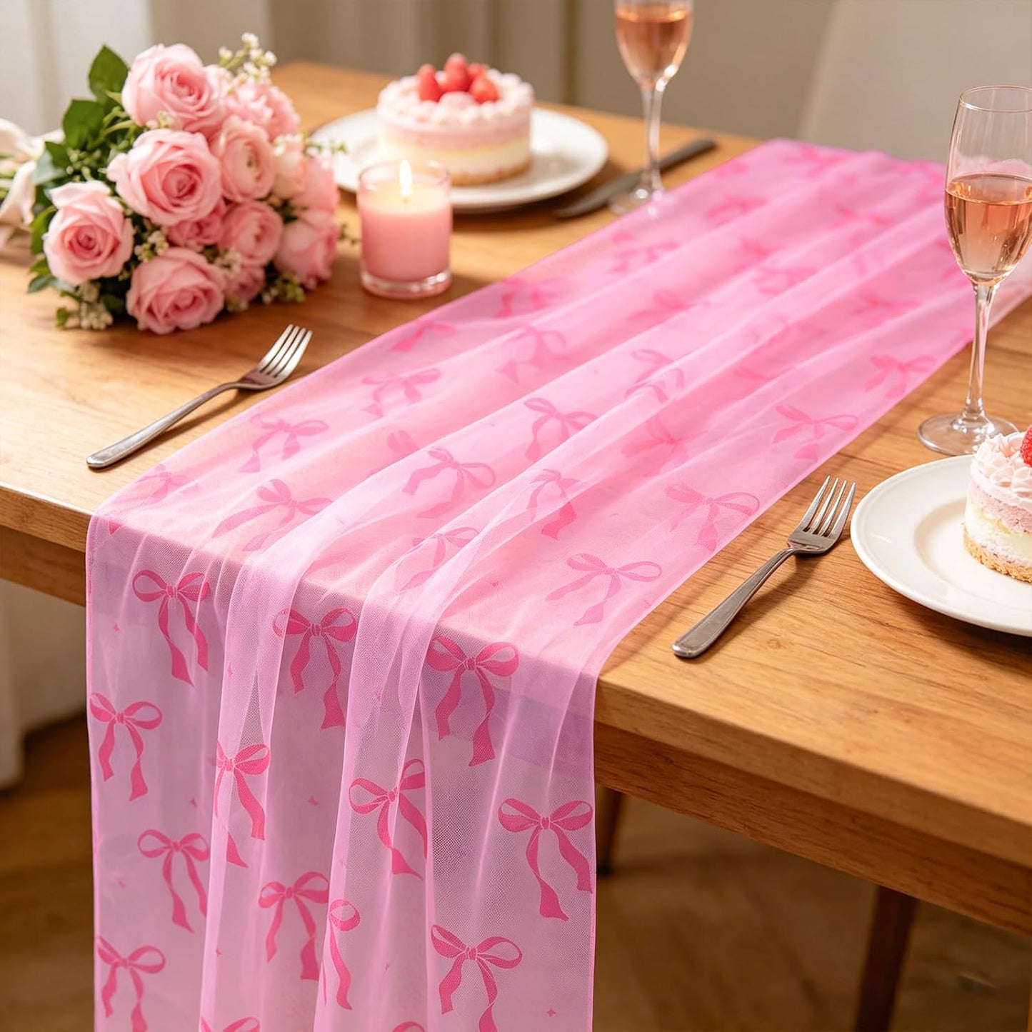 FYSUIMU Pink Bow Gauze Table Runner Coquette Bowknot Decorative Tulle Table Runner Sheer Fabric for Wedding Engagement Bridal Shower Party Coffee Tables Kitchen, 28 x 120 Inch