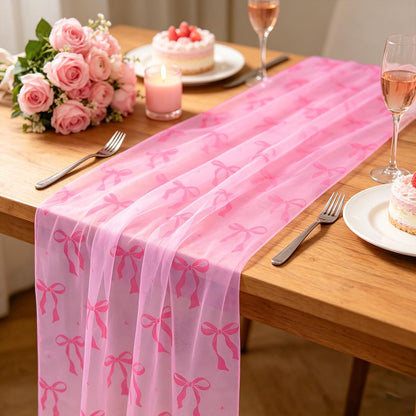 FYSUIMU Pink Bow Gauze Table Runner Coquette Bowknot Decorative Tulle Table Runner Sheer Fabric for Wedding Engagement Bridal Shower Party Coffee Tables Kitchen, 28 x 120 Inch