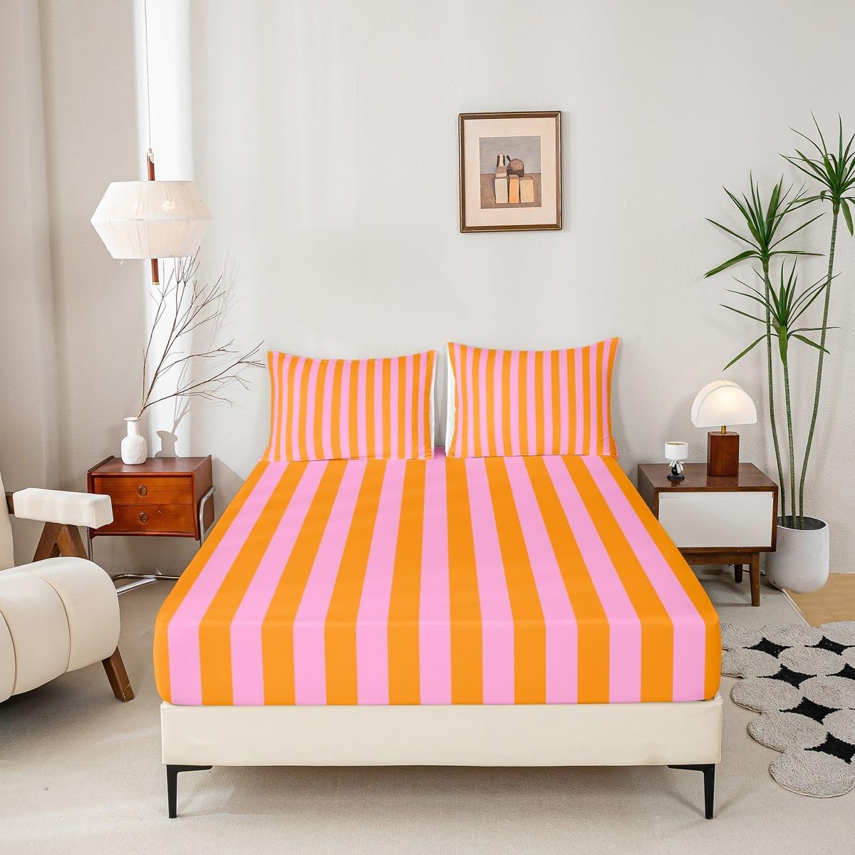Kids Pink Orange Bedding Twin Size Abstract Fitted Sheet with 1 Pillowcases for Boys Girls Teens Bedroom Decor Stripes Bed Sheets Set 16" Deep Pocket Breathable Soft Microfiber Women Men Geometric